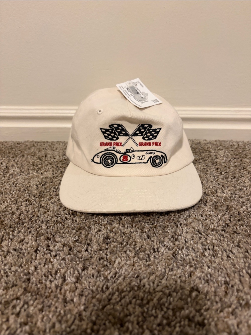 Cream Baseball Cap with Embroidered Racecar and Checkered Flags